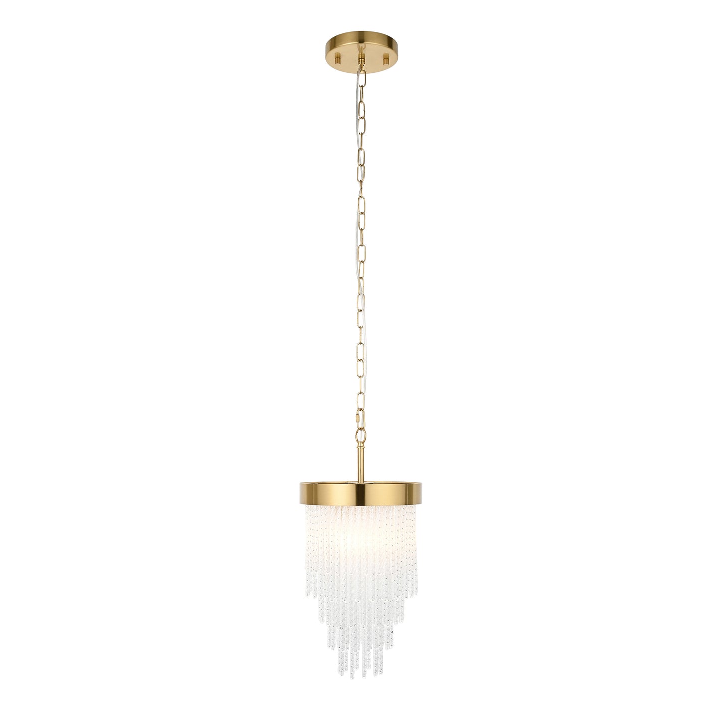 Gold pendant light with white shade on a white background
