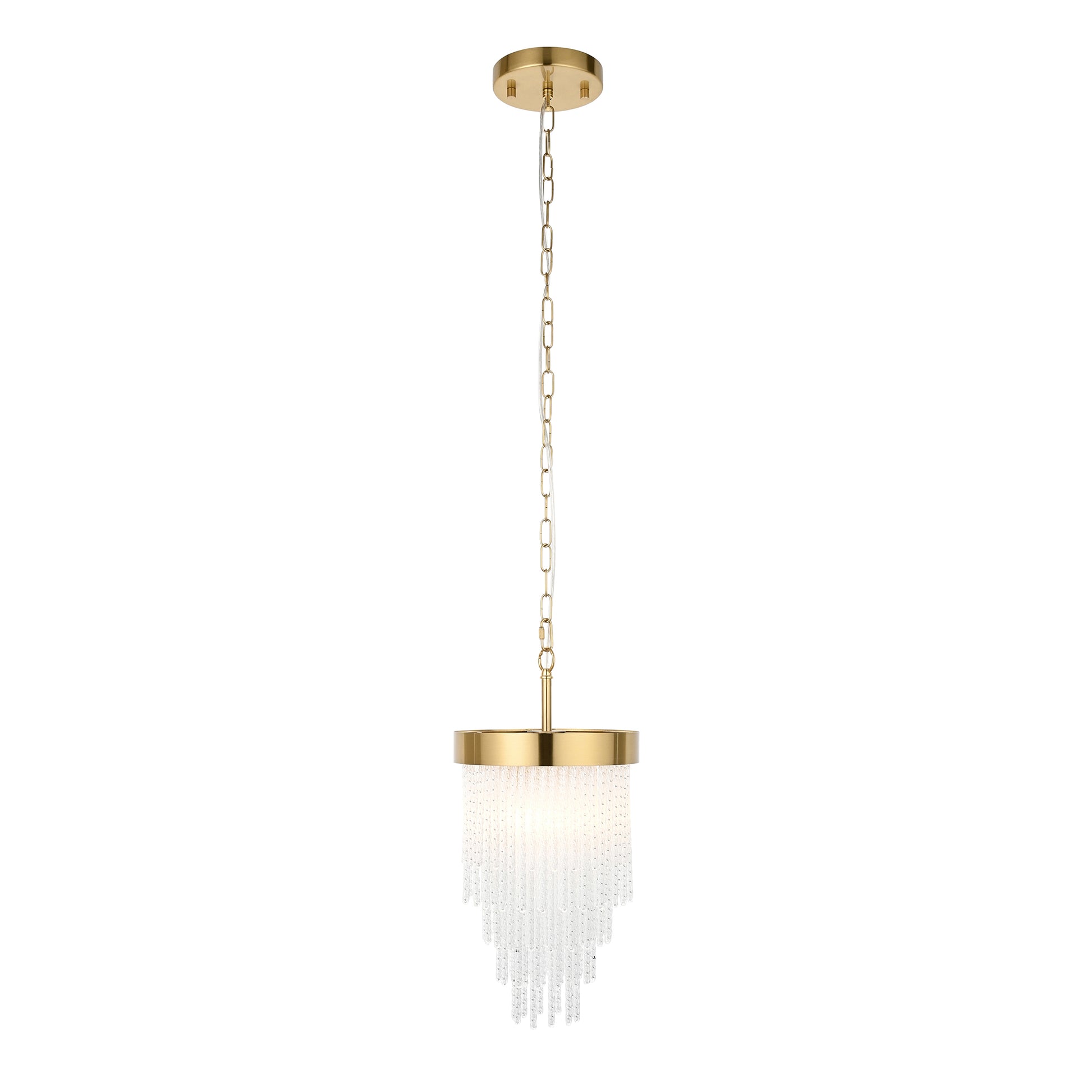 Gold pendant light with white shade on a white background
