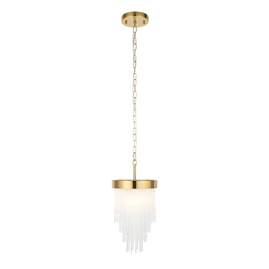 Gold pendant light with white shade on a white background