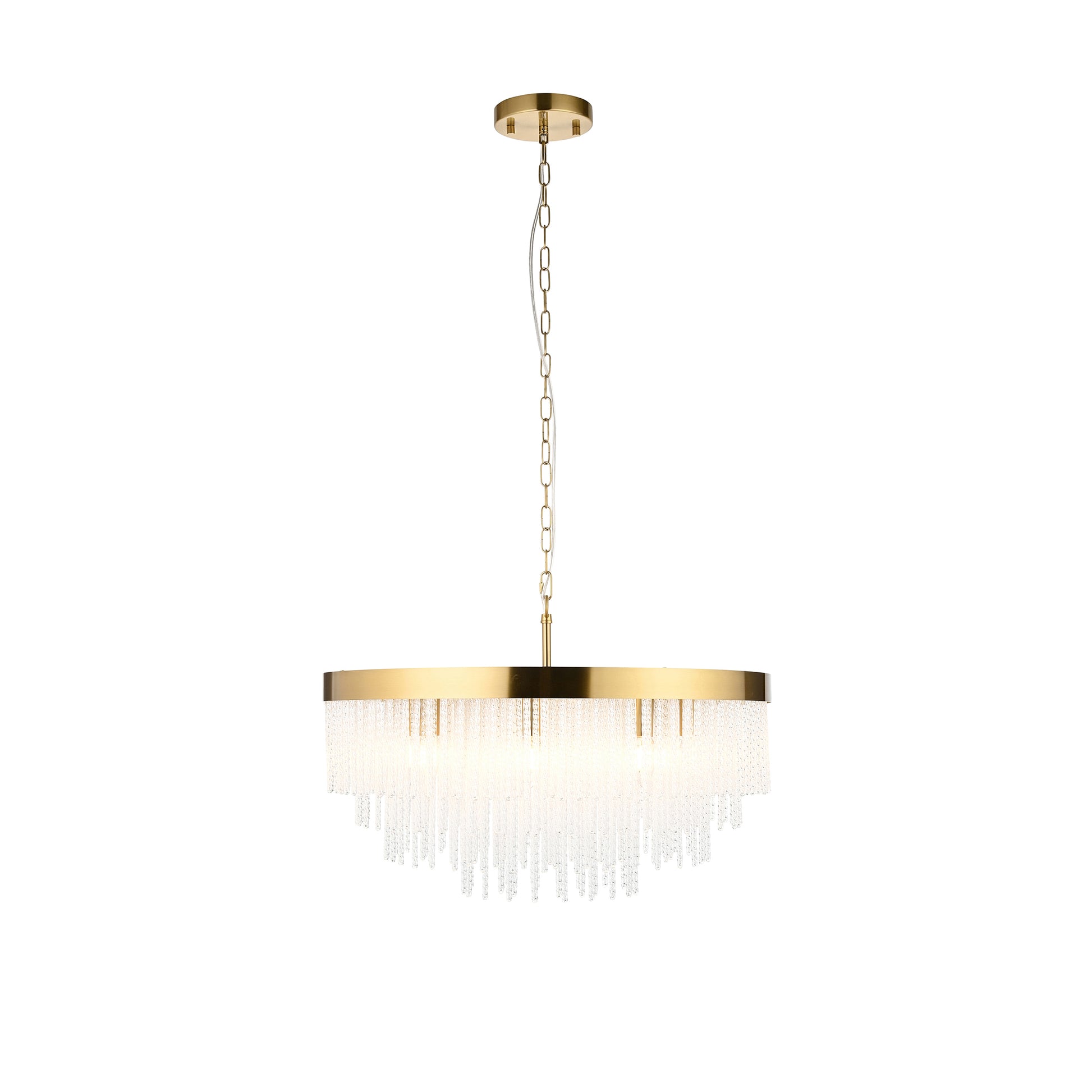 Gold chandelier with crystal accents on a white background