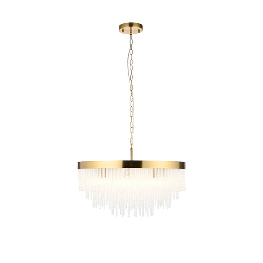 Gold chandelier with crystal accents on a white background