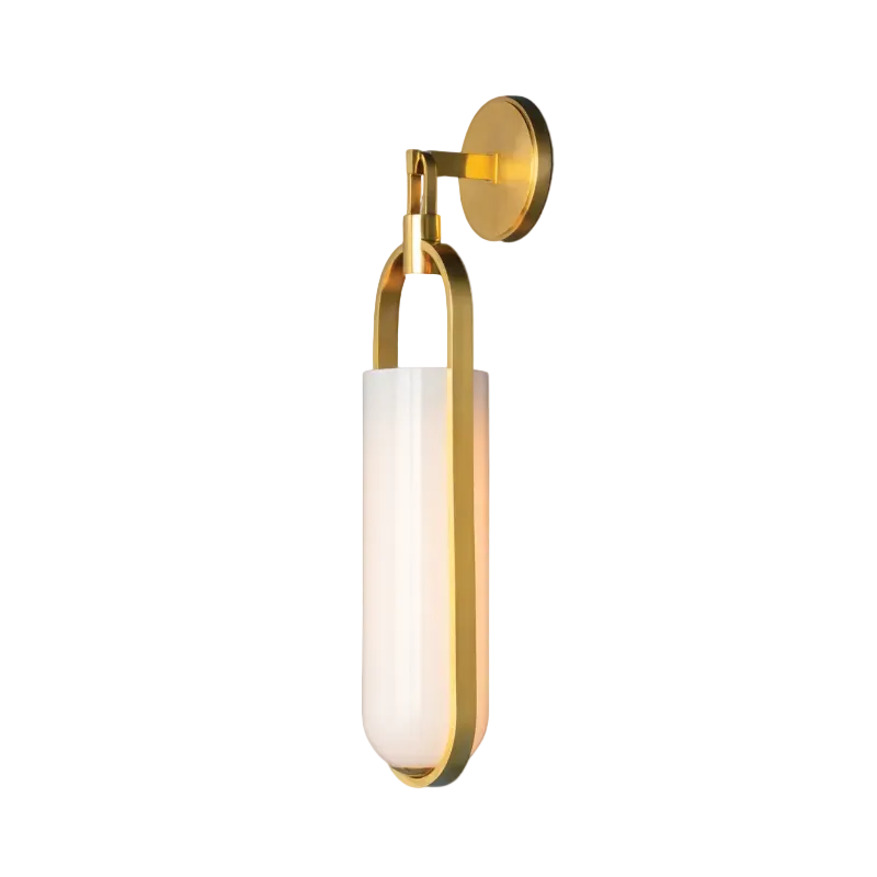 A modern wall-mounted light fixture with a brushed gold metal frame and a frosted white cylindrical glass shade, shown against a plain white background.