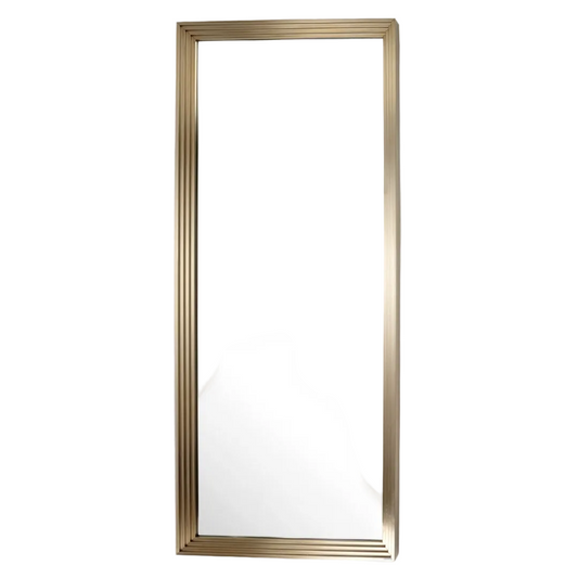 A rectangular wall mirror with a gold-colored metal frame.