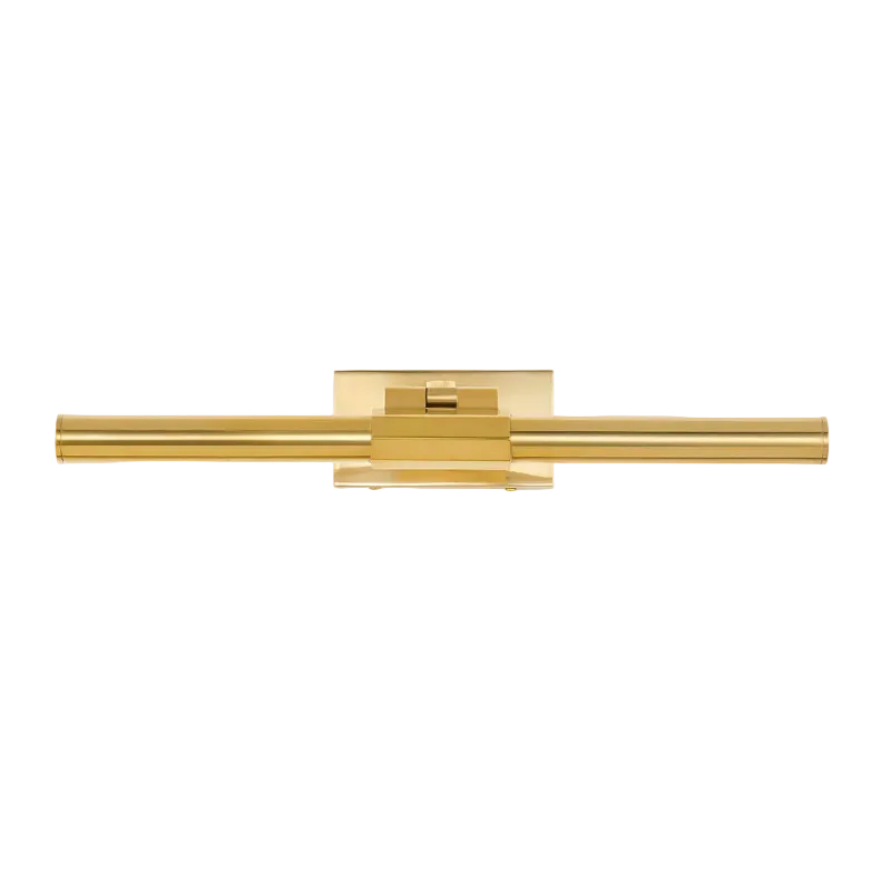 A modern horizontal bar fixture in a polished gold finish, featuring a rectangular wall mount and a sleek cylindrical bar, shown against a plain white background.