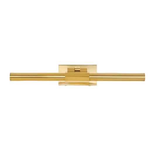 A modern horizontal bar fixture in a polished gold finish, featuring a rectangular wall mount and a sleek cylindrical bar, shown against a plain white background.