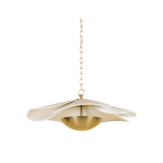 A modern pendant light with a gold-finished dome shade and flared white petal-like shades, suspended by a gold chain against a plain white background.