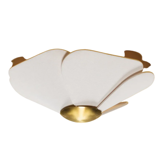 A modern semi-flush mount ceiling light fixture with five overlapping white petal-shaped shades and a brushed brass central dome and trim, shown against a plain white background.