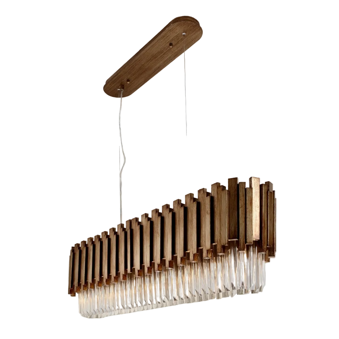 A contemporary gold chandelier with glass accents, designed for use above dining tables or kitchen islands.