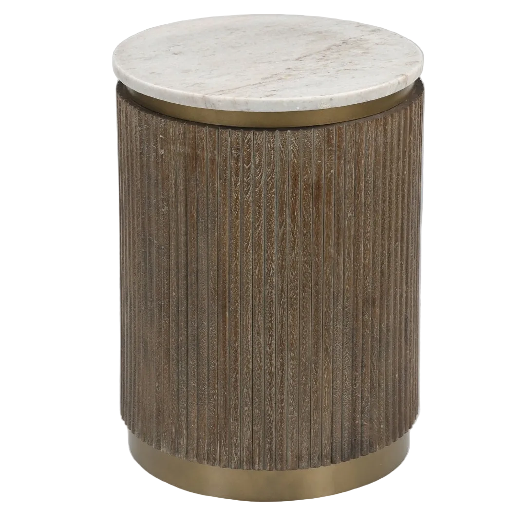 A Milo Side Table with an antique brass and wooden round base topped with a luxurious marble surface.