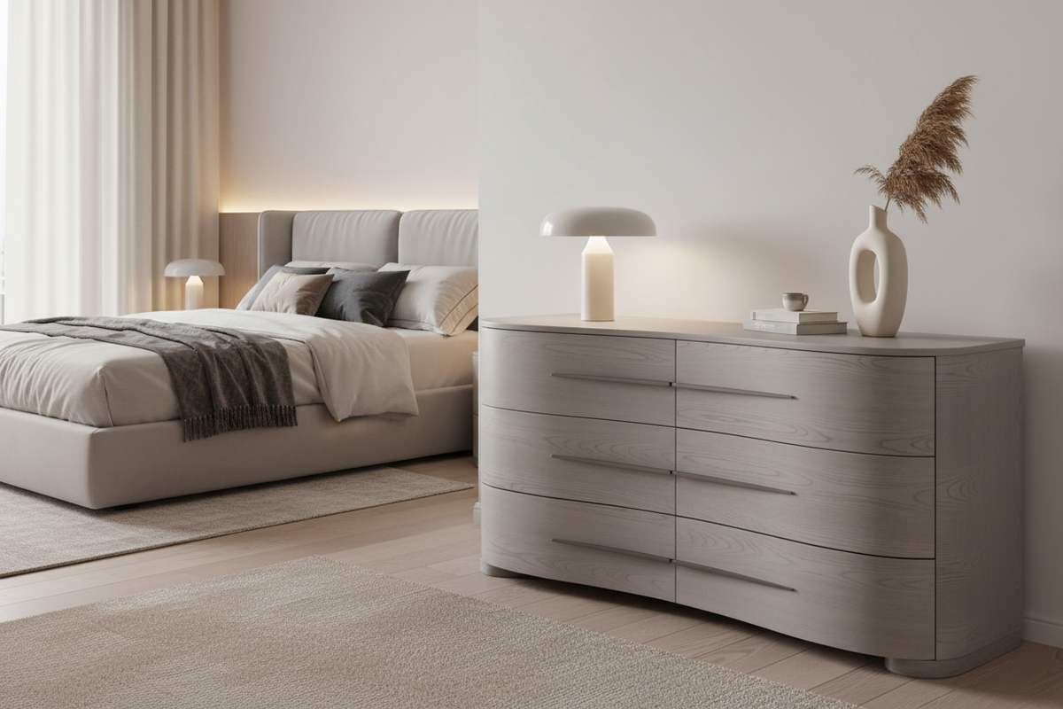 A modern 4-drawer dresser with a light gray wood grain finish and slim horizontal dark metal handles, shown against a neutral light gray background.