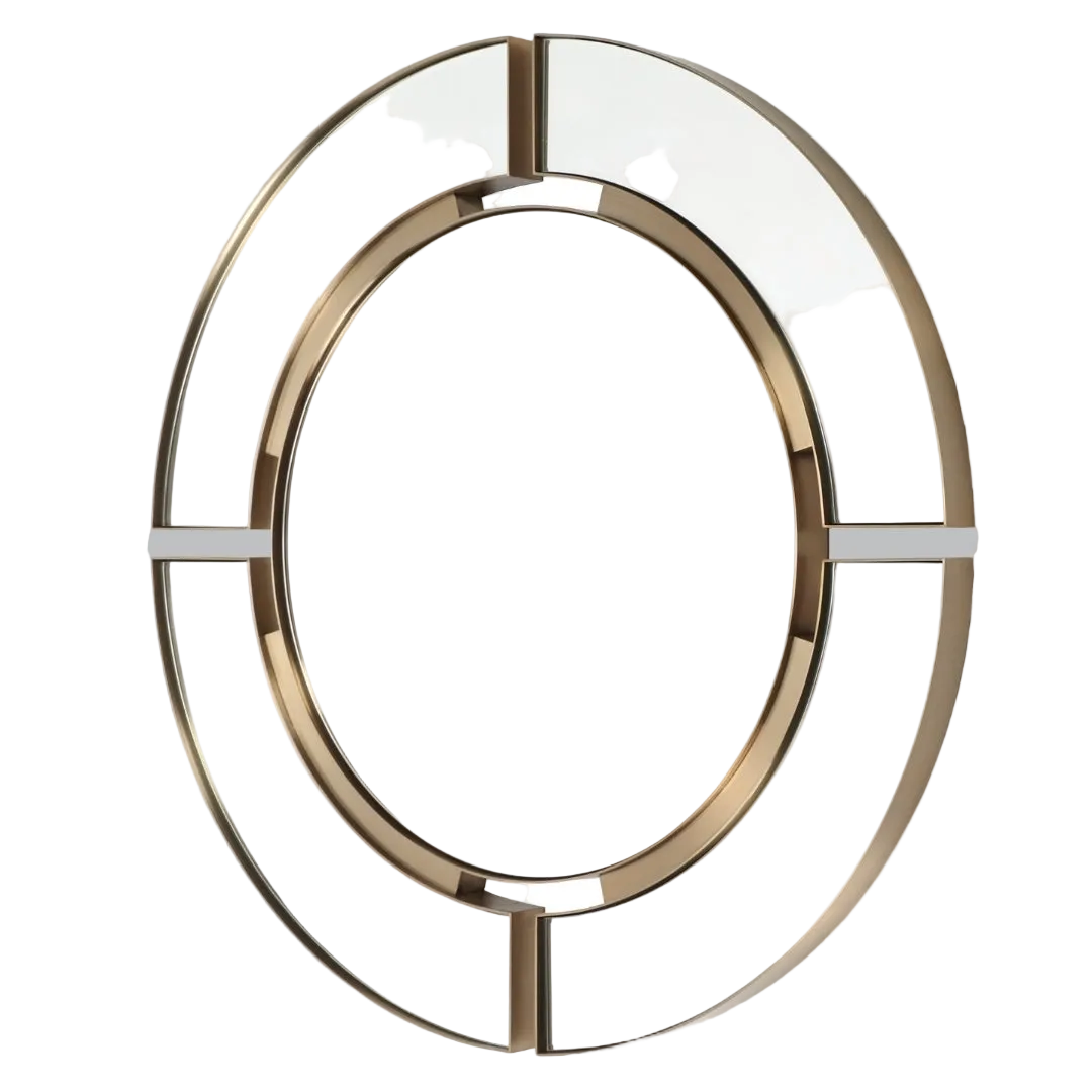 A circular mirror with a brass frame and clear glass panels, designed for wall mounting.