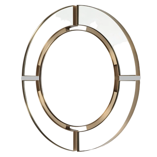 A circular mirror with a brass frame and clear glass panels, designed for wall mounting.