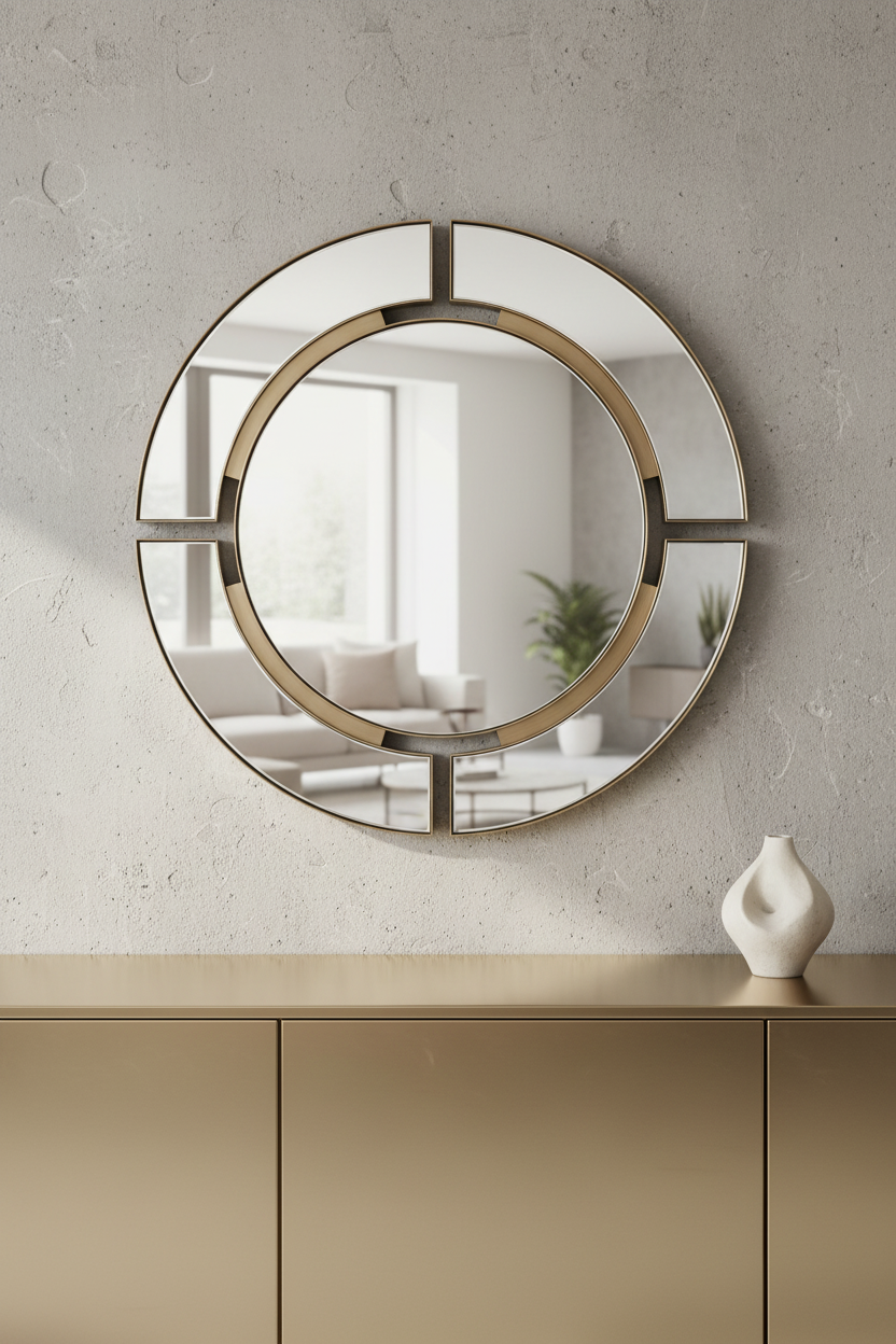 A circular mirror with a brass frame and clear glass panels, designed for wall mounting.