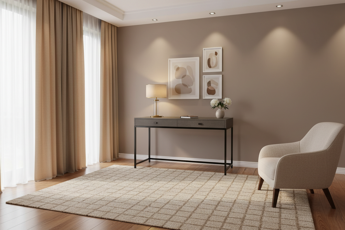 A modern console table with a textured gray wood-look top, two drawers with small black handles, and a black metal frame, shown against a light gray background.