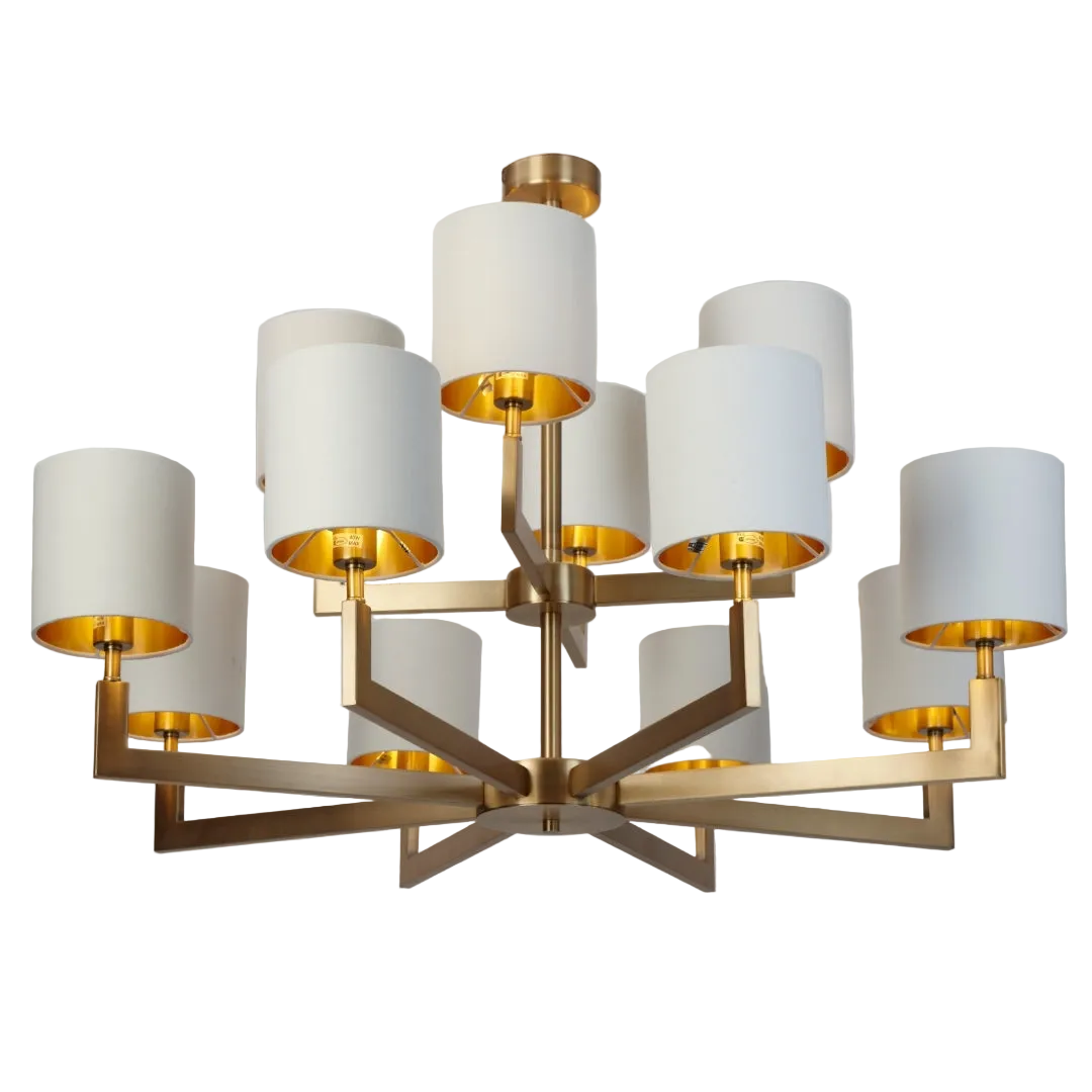 An elegant antique brass finish chandelier with 12 arms and opal shades, designed in a square pyramid formation.