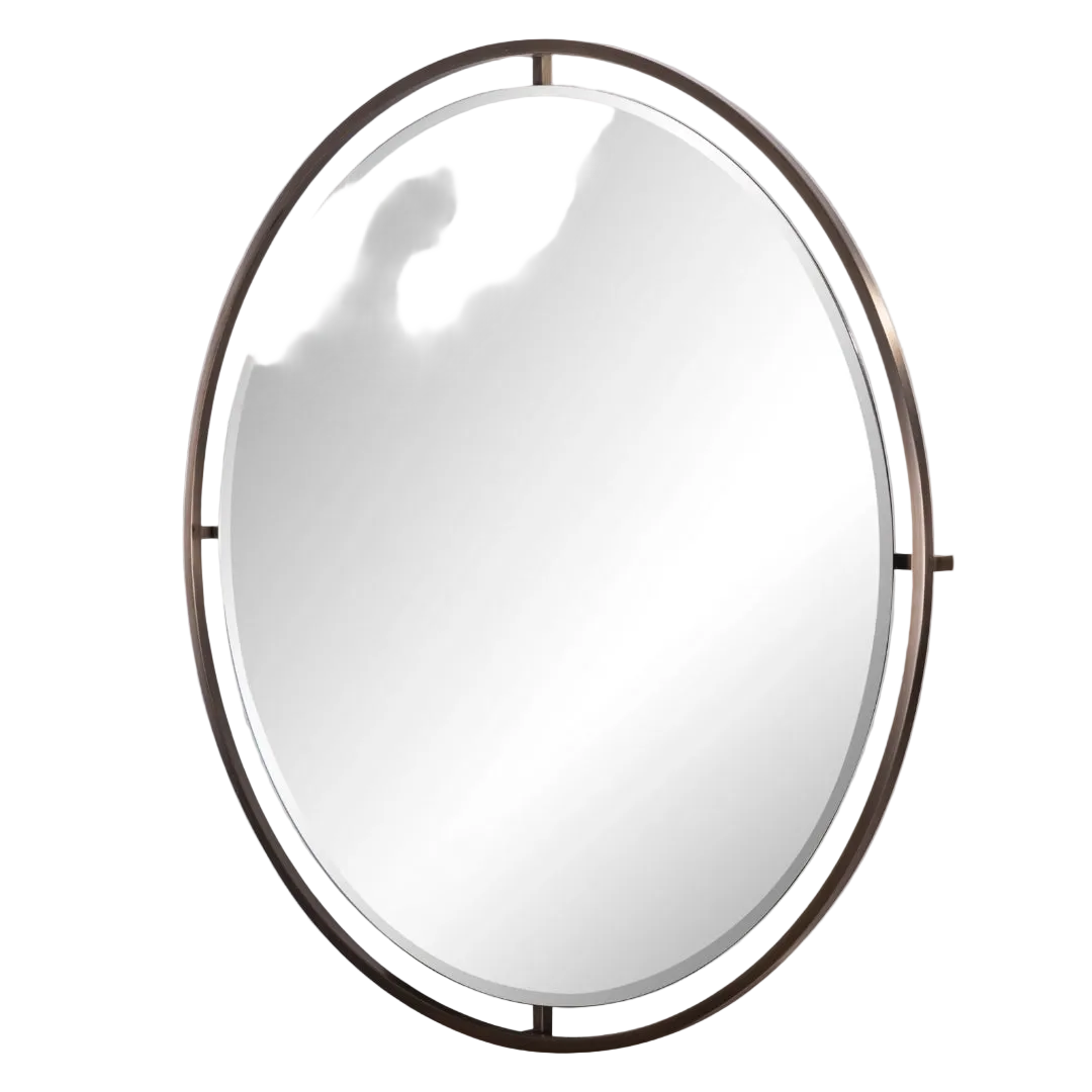 An oval-shaped mirror with a dark brushed antique brass frame.