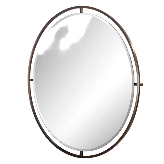 An oval-shaped mirror with a dark brushed antique brass frame.