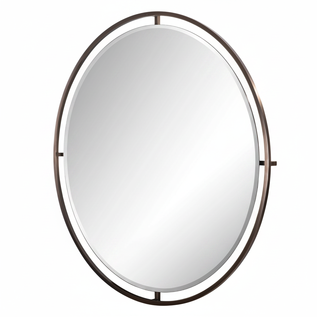 An oval-shaped mirror with a dark brushed antique brass frame.