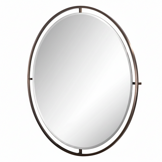 An oval-shaped mirror with a dark brushed antique brass frame.