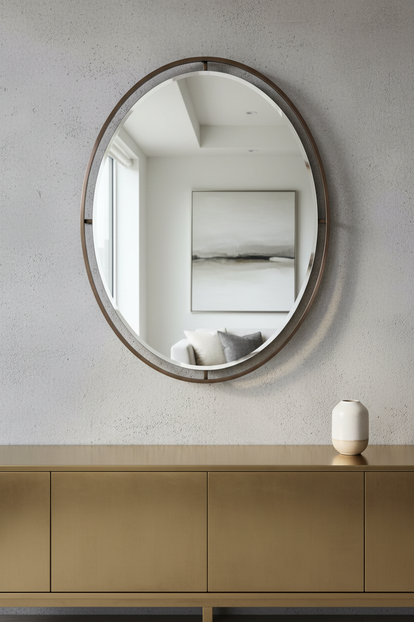 An oval-shaped mirror with a dark brushed antique brass frame.