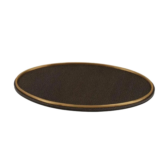 An oval dark brown textured tray with a polished gold-toned rim, shown on a light gray background.
