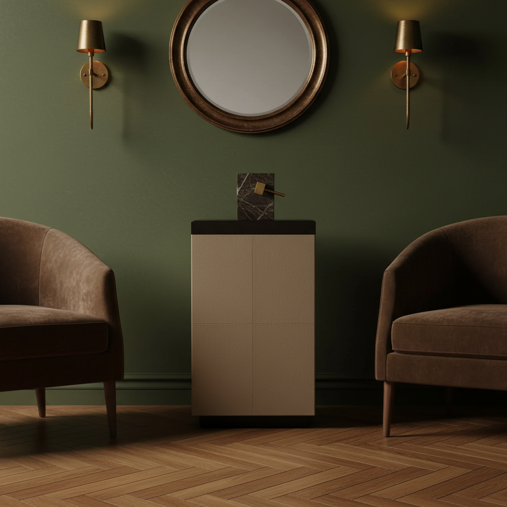 A modern rectangular side table or console with a light beige upholstered front, black top surface, and black base, shown against a plain light gray background.