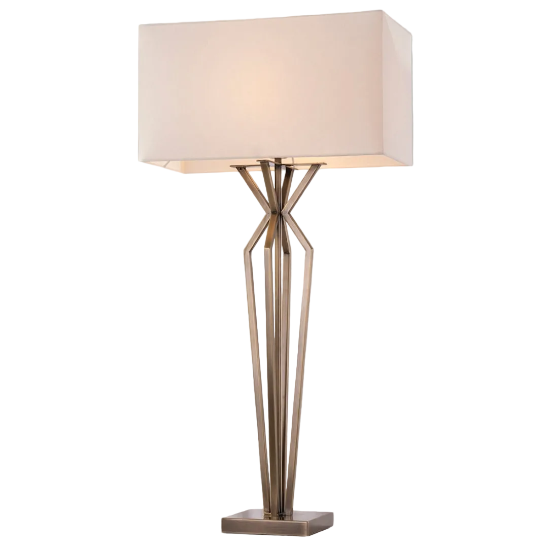 A Pine Table Lamp with a brass base and opal fabric shade, showing a sleek, elegant design suitable for modern interiors.