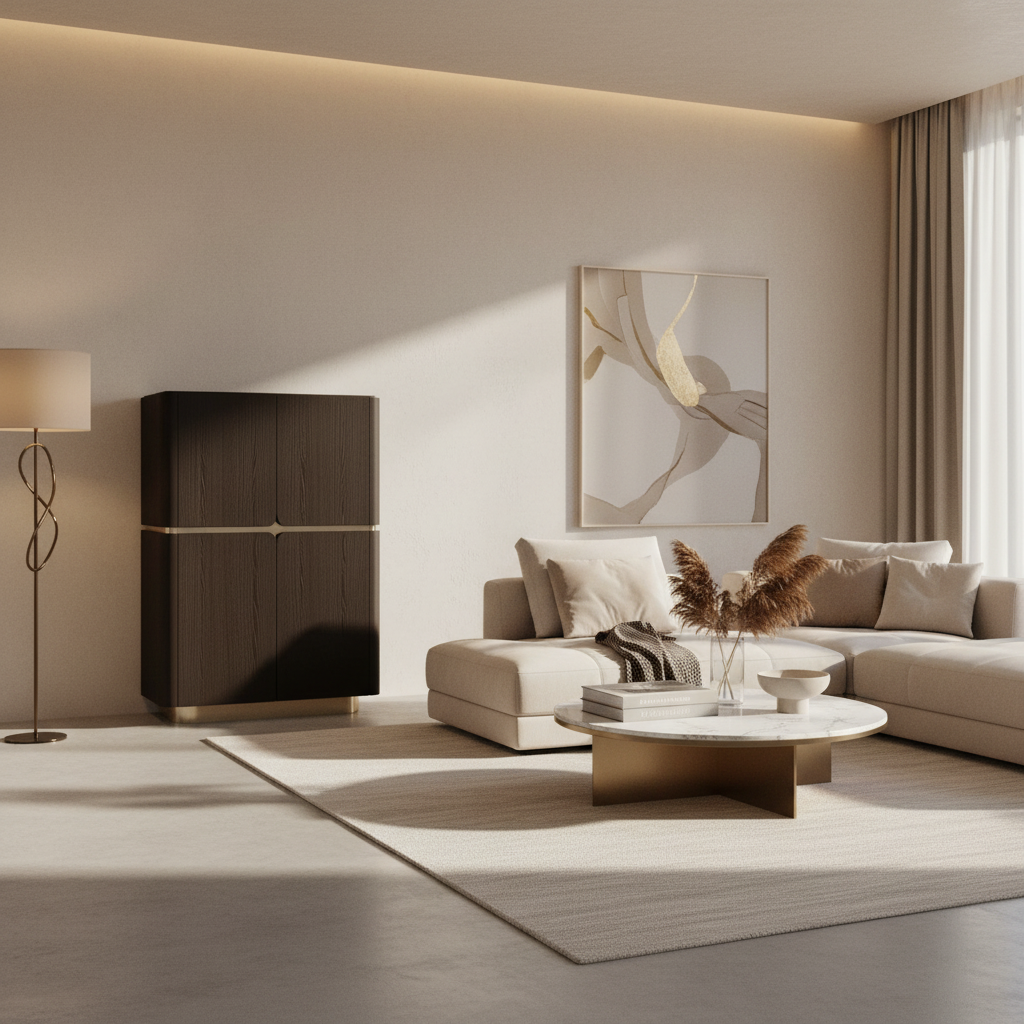 Black and beige cabinet on a light gray background