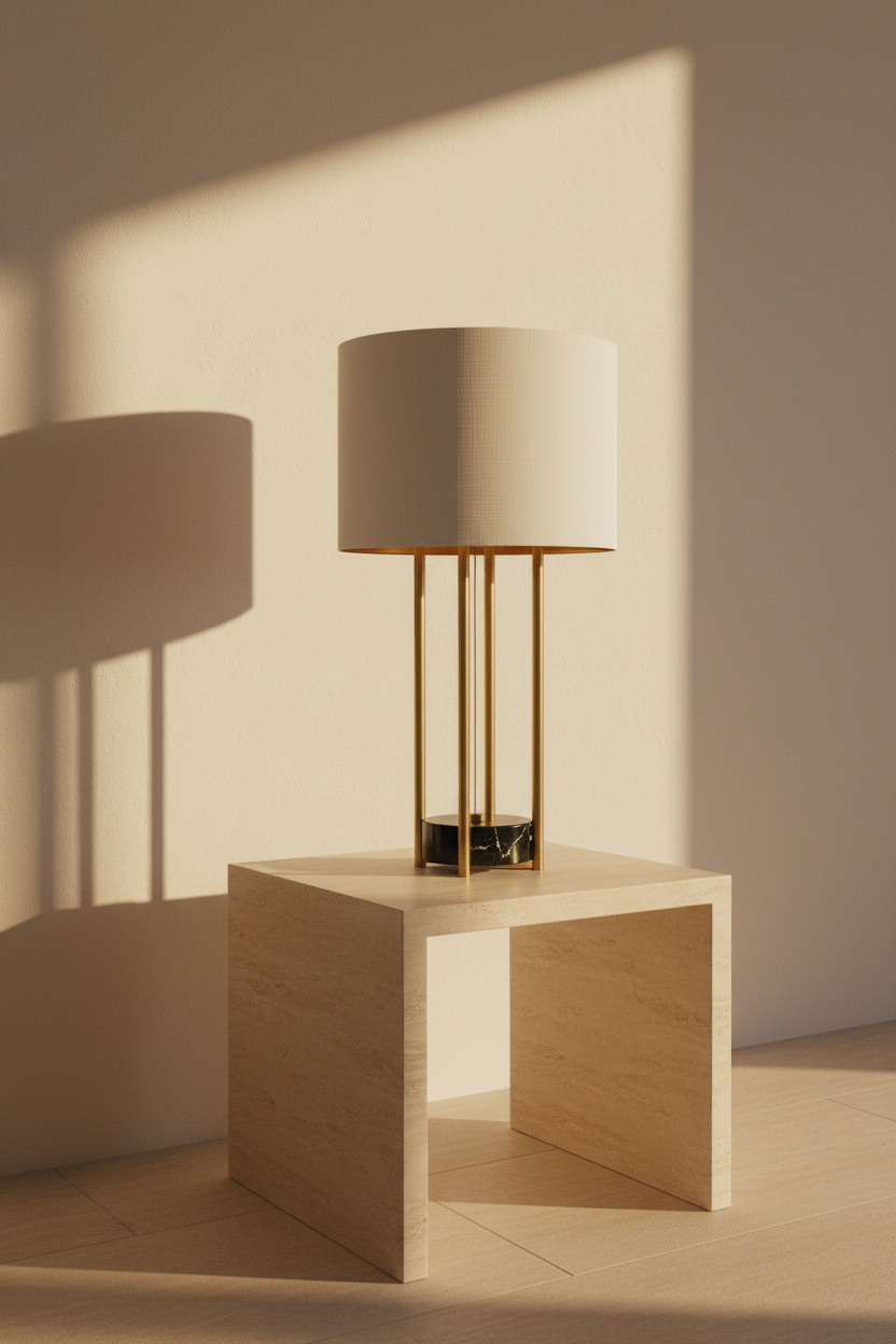 A table lamp with a white fabric shade, antique brass base and black accents.