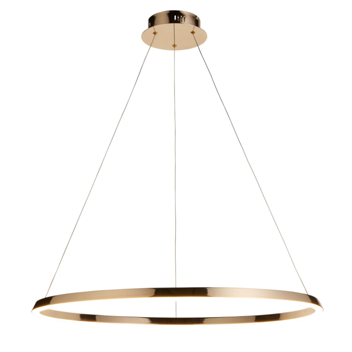 Gold circular pendant light on a white background
