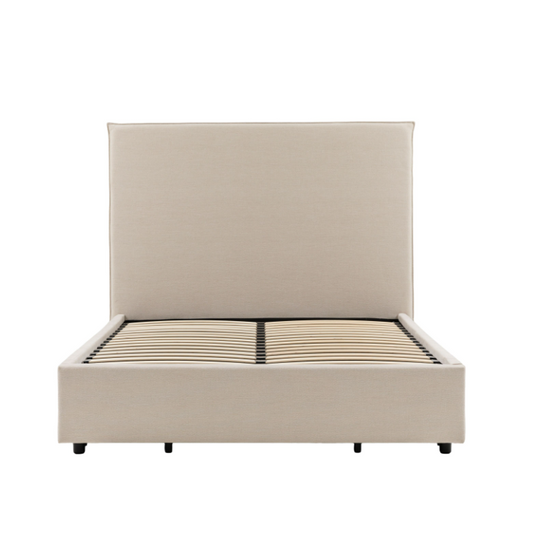 Beige upholstered bed frame on a white background