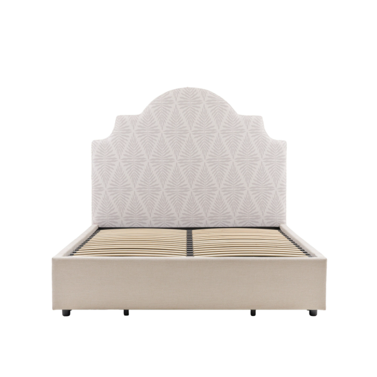 Beige bed with geometric headboard on a white background