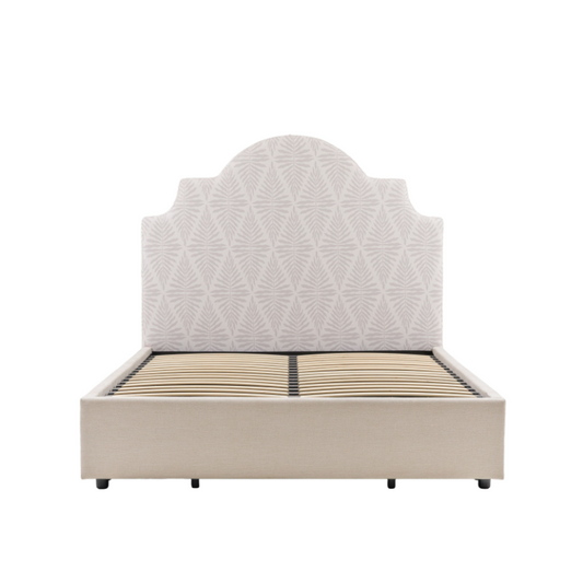 Beige bed with geometric headboard on a white background