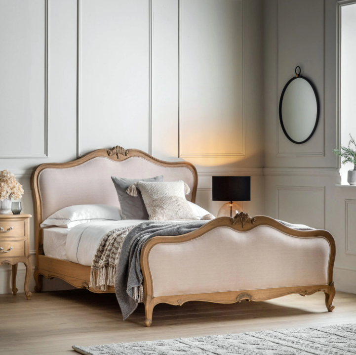 Chic Super King Linen Upholstered Bed – Weathered Finish