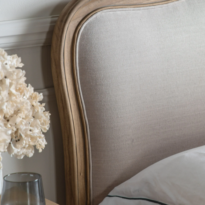 Chic Super King Linen Upholstered Bed – Weathered Finish