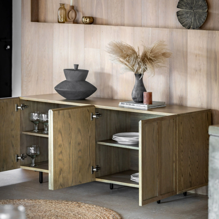 Panelled 4 Door Sideboard – Smoked Finish