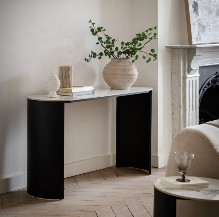 Marzio Luxury Console Table – Carrara Marble Effect & Black Metal