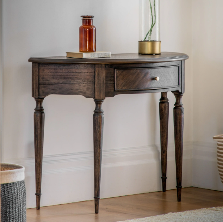 Madison Demi Lune Console Table – Dark Wood Marquetry Design