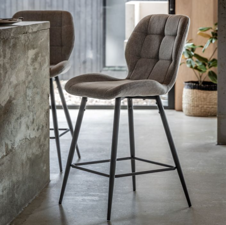 Manford Light Grey Upholstered Counter Stool Set of 2 | Modern Mid Century Bar Stools with Metal Legs