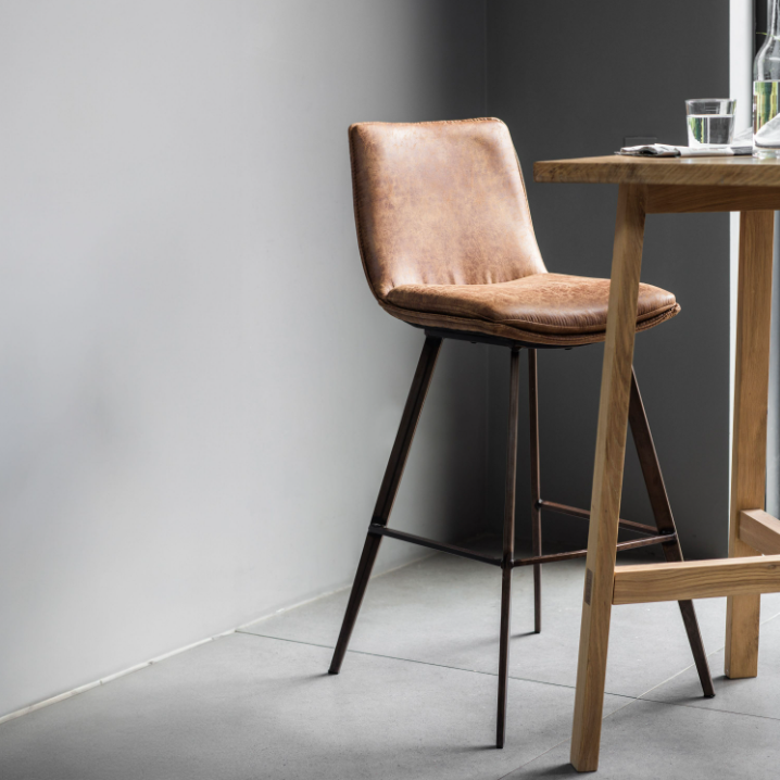 Palmer Brown Faux Leather Bar Stool Set of 2 | Vintage Inspired Counter Stools with Bronze Metal Legs