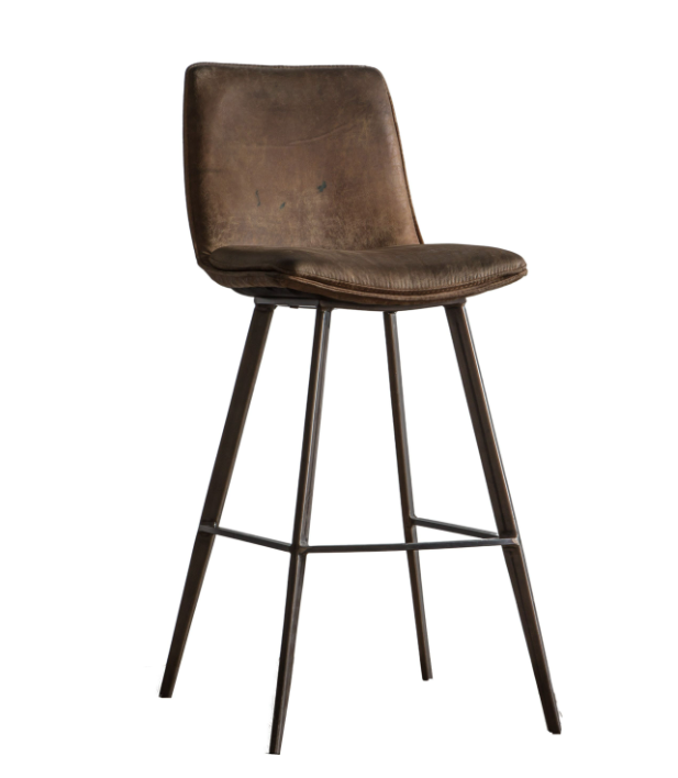 Palmer Brown Faux Leather Bar Stool Set of 2 | Vintage Inspired Counter Stools with Bronze Metal Legs