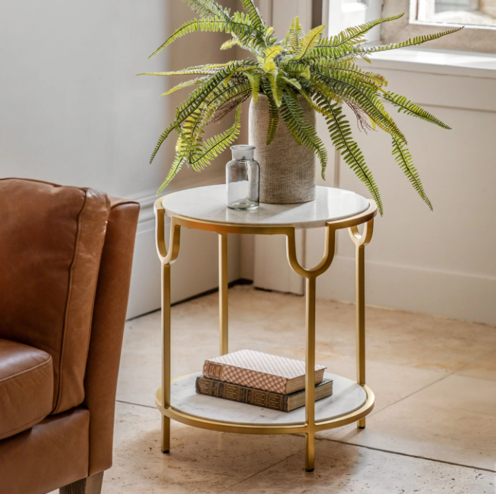 Weston White Marble Side Table | Luxury Brass Frame Accent Table with Natural Stone Top