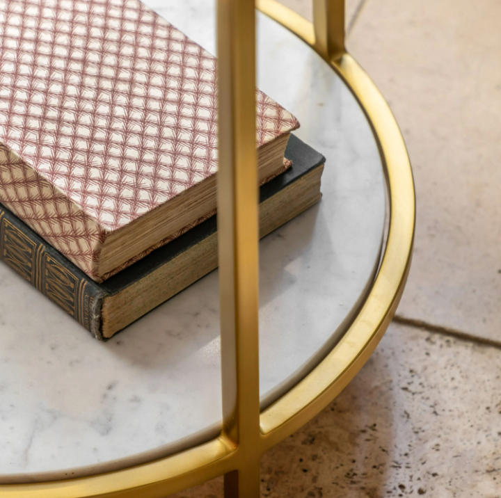 Weston White Marble Side Table | Luxury Brass Frame Accent Table with Natural Stone Top