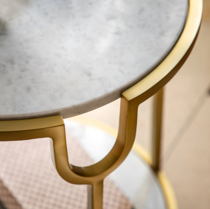 Weston White Marble Side Table | Luxury Brass Frame Accent Table with Natural Stone Top