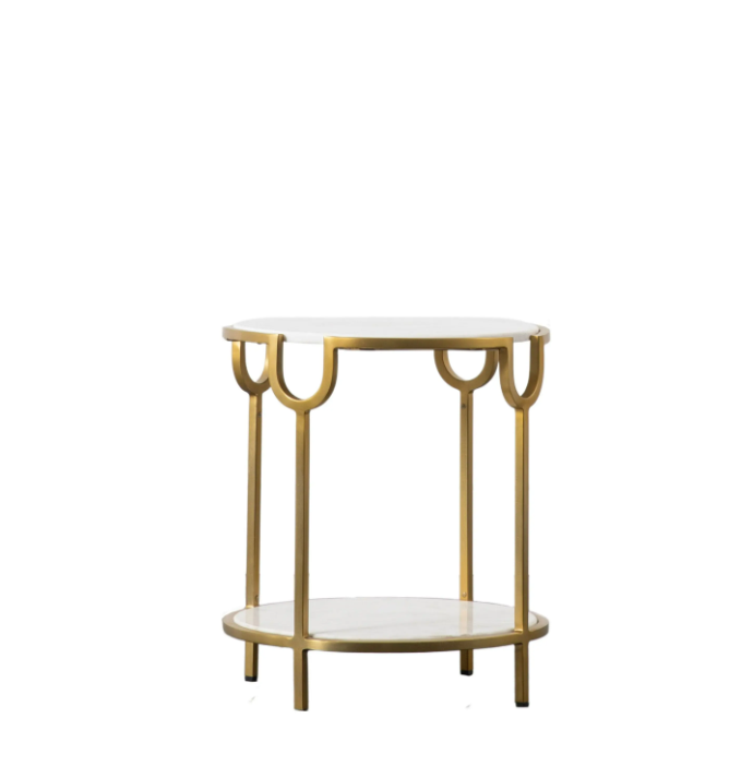 Weston White Marble Side Table | Luxury Brass Frame Accent Table with Natural Stone Top