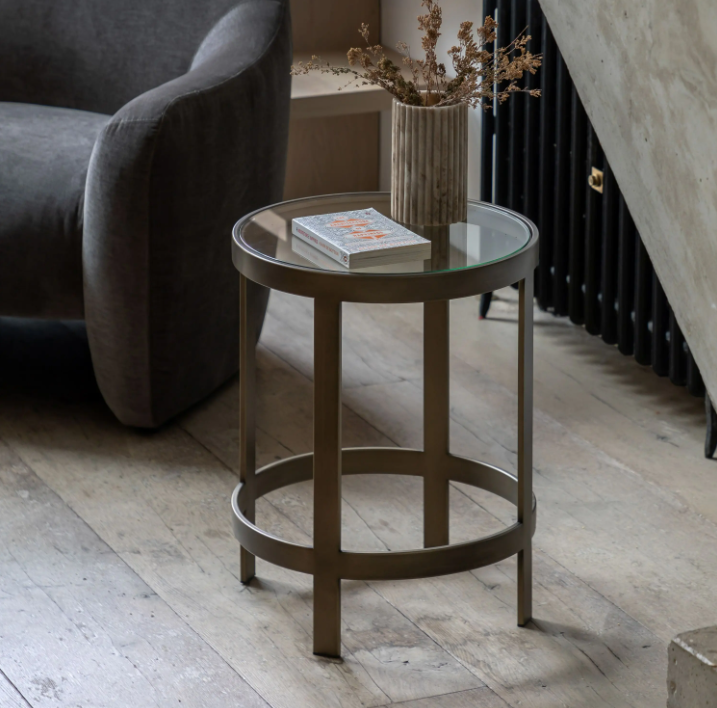 Monti Bronze Glass Side Table | Elegant Metal Frame Accent Table with Toughened Glass Top