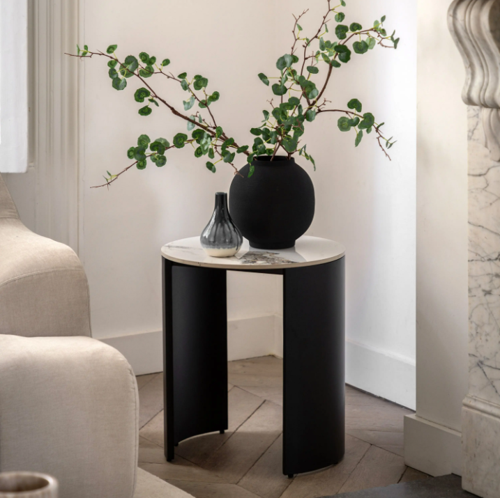 Marzio Black Marble Side Table | Modern Luxury Accent Table with Curved Metal Frame