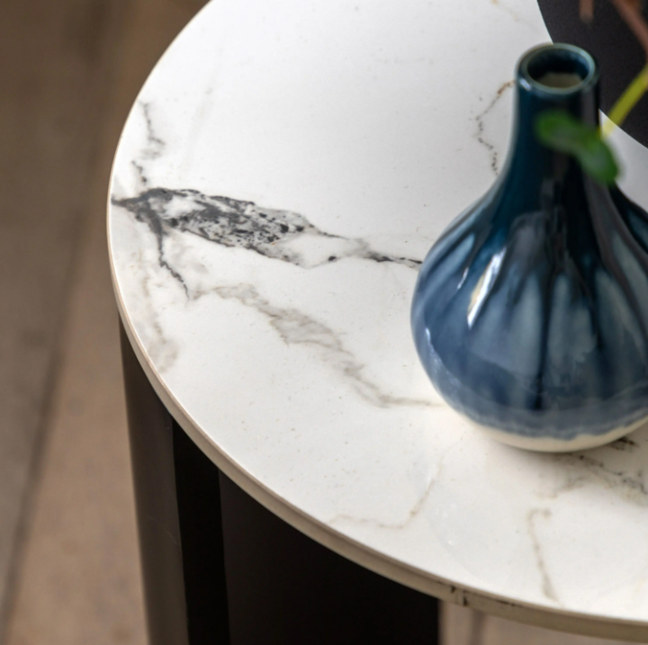 Marzio Black Marble Side Table | Modern Luxury Accent Table with Curved Metal Frame