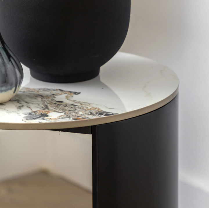 Marzio Black Marble Side Table | Modern Luxury Accent Table with Curved Metal Frame