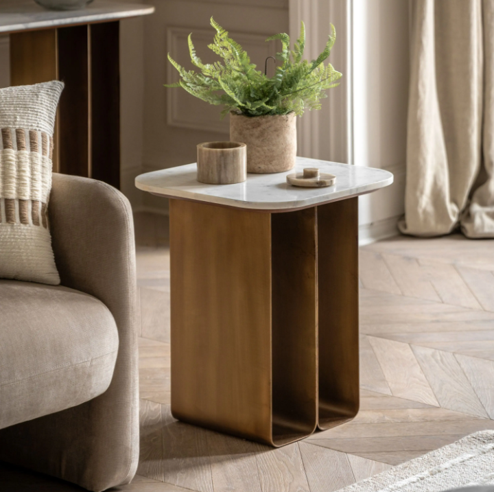 Dorado Gold Marble Side Table | Luxury Square Accent Table with Metal Base